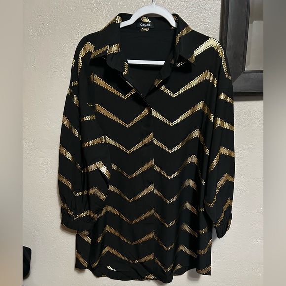 Metallic Gold Chevron Striped Long Sleeve Shirtdress - Picture 2 of 6